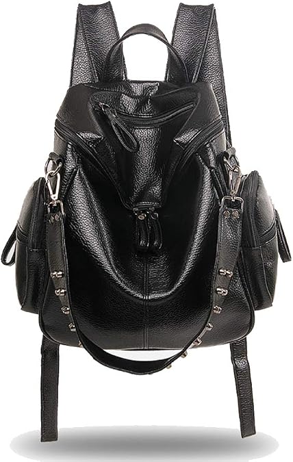 Women Fashion Rivet Backpack, Soft Leather Daypack Multi-Pocket Casual Rucksack