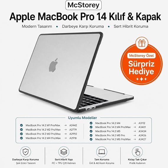McStorey MacBook Pro 14.2 İnç Kılıf A2442 A2779 A2918 A2992 A3112 A3401 A3185 A3434 A3426 A3427 Uyumlu Shockproof Rugged Hard Case TPU Bumper Darbe Korumalı Hibrit Sert Kapak Şeffaf