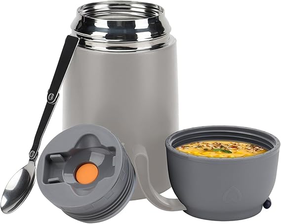 Insulated Food Flask 630 ml – Stainless Steel Thermal Soup Flask with Spoon, Leakproof Hot Food Jar for School, Work & Travel – Keeps Food Hot 12h / Cold 24h – BPA‑Free Wide Mouth - Grey
