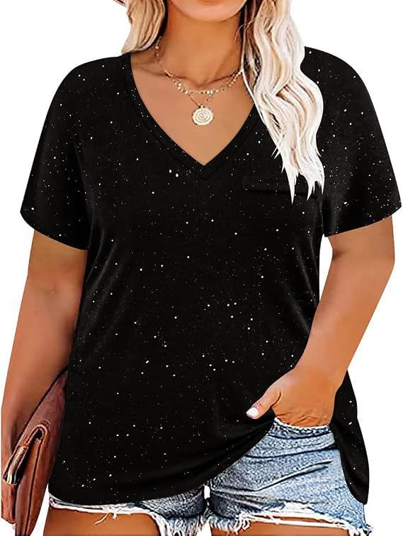RITERA Plus Size Tops for Women Oversized Summer Basic V Neck Short Sleeve Henley Shirt Casual Tunic Shirts XL-5XL