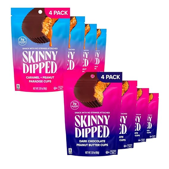 SkinnyDipped Caramel Peanut Paradise Cups and Dark Chocolate Peanut Butter Cups, 2g Sugar per Cup, Keto Friendly, Low Carb, Gluten Free, 3.2oz, 4 Pack (24 Cups Total)