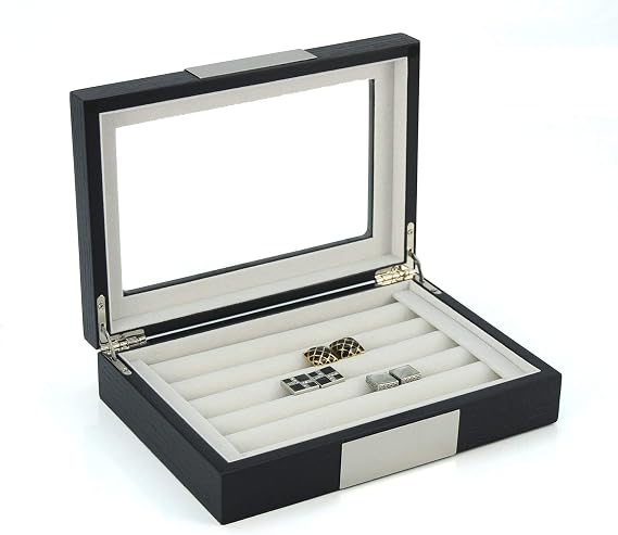 Black Ebony Wood Cufflink Case & Ring Storage Organizer with Stainless Steel Engravable Design Accent Men's Jewelry Box for 20 Cufflinks