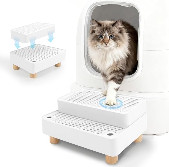 Adjustable Cat Ramp for Litter Box, 2-Step Litter Trapper, White | Cat Steps for Litter Box, 4.7/6.7-in Heights, Detachable Steps, Non-slip Wooden Base, Waterproof ABS, Kittens and Senior Cats