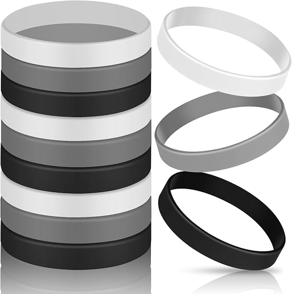Jovitec 12 Pieces Rubber Bracelets, Solid Color Silicone Wristbands, Multi-Pack Blank Wristbands Bracelets for Events Rubber Bands Party (Black, White, Gray)