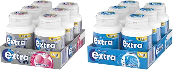 Extra Chewing Gum, White Bubblemint and Peppermint Flavours, 6 Packs of 46 Pieces Each (12 Packs Total)