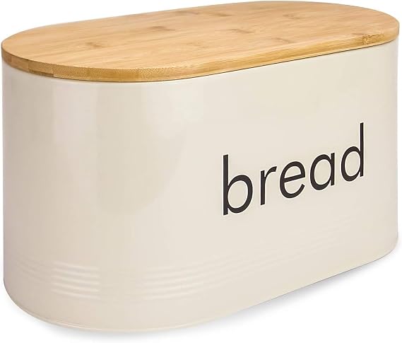 Cream Bread Bin with Bamboo Chopping Board Lid, Countertop Kitchen Storage
