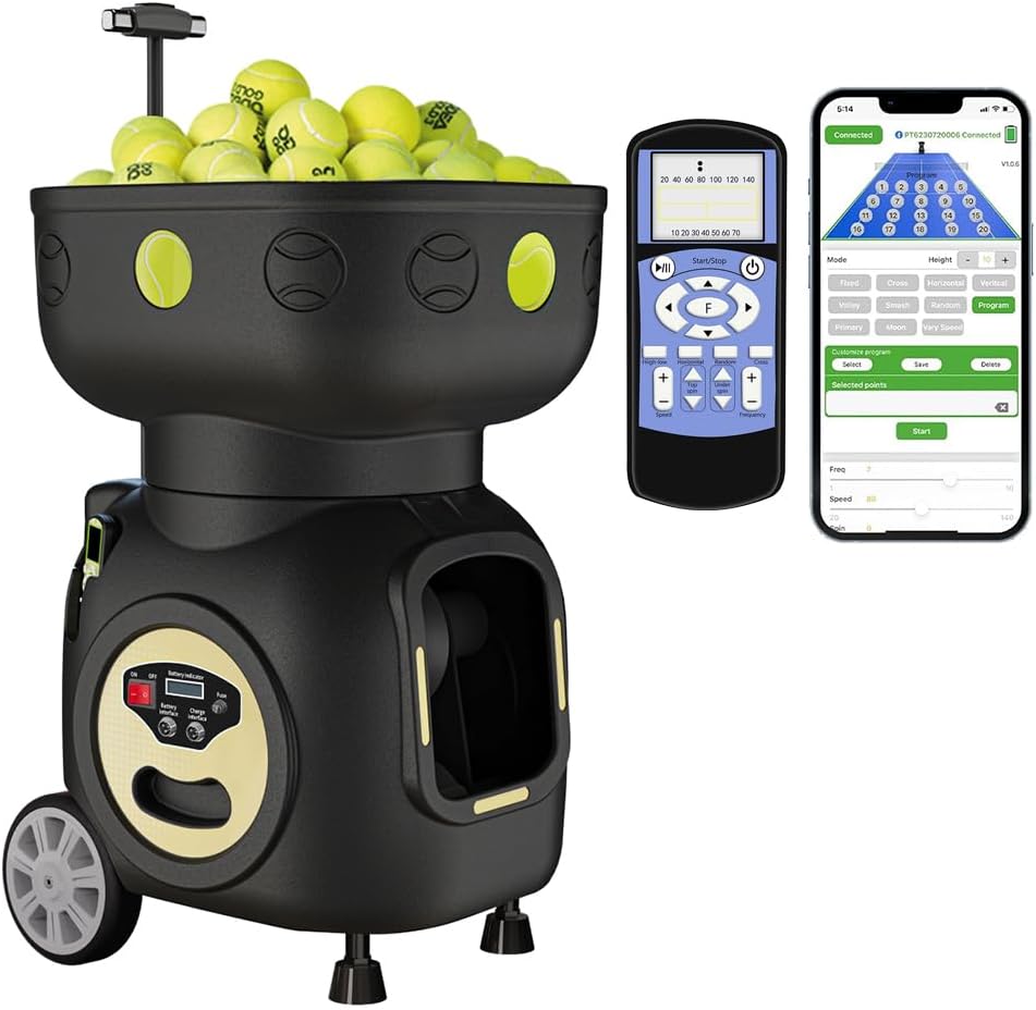 Tennis Ball Machine Advanced Smart Programming- High Capacity with AppRemote, Adjustable Serve Speed & Outdoor Training for All Skill Levels Beginners to Intermediate Players T7