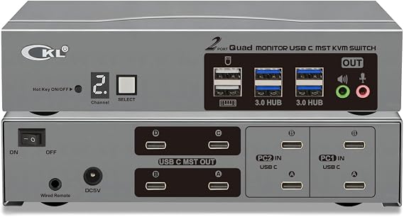 CKL USB C KVM Switch Quad Monitors 4K@60Hz, for 2 USB-C Laptops to Share Keyboard Mouse and 4 Monitors, USB 3.0 Hub & Audio, Compatible Thunderbolt 3/4 USB 4 MST 624TT-MST