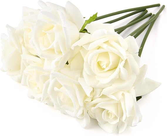 Eyamumo 7PCS Fake Flowers Artificial Rose Silk Real Touch White 30CM