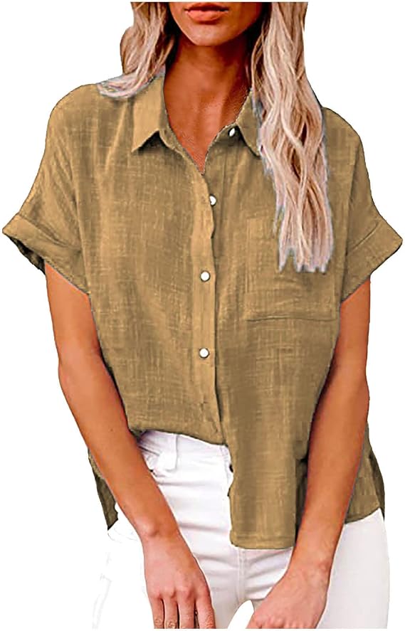Linen Button Down Shirts for Women Trendy Short Sleeve Collared Tops Business Casual Blouses Work Office Clothes