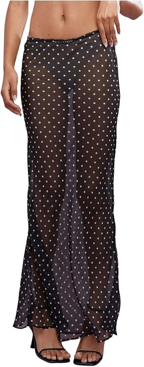 Women Sheer Polka Dot Skirt See Through Mesh Maxi Skirts Lightweight Beach Swimwear Cover Ups Lounge Skirt