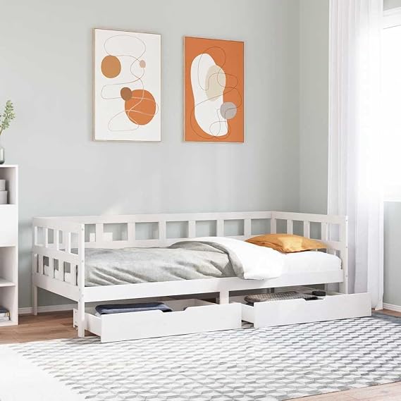 Day Bed, 90 x 190 cm, Solid Pine Wood, White, Extendable Sofa Bed with 2 Storage Drawers, Robust Bed Frame for Guest Room, Teenager's Room, Versatile Furniture