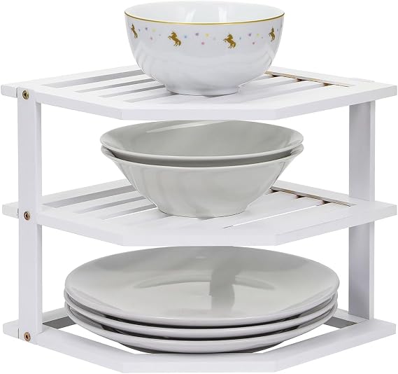 Greenfields 3 Tier Corner Shelf Cabinet Organiser - Plate Rack Countertop for Kitchen, Bathroom, Cupboard, Pantries - Shelf Insert Storage Organisation - Plate Organiser (White)