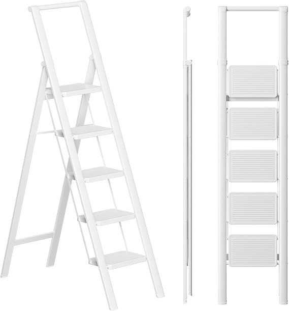 SOLADDER 5 Step Ladder, Folding Step Stool, Lightweight Stepladder, White