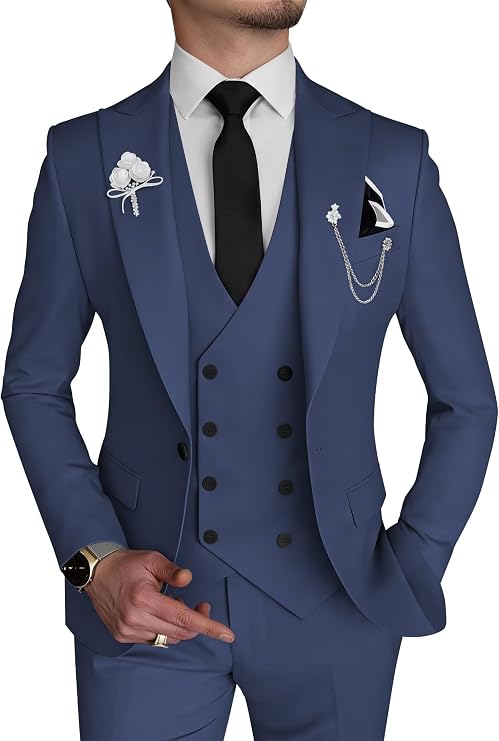 Wangyue 3 Piece Mens Suit Slim Fit Double Breasted Suit Formal Dark Blue Suits for Men Wedding Groomsman,S
