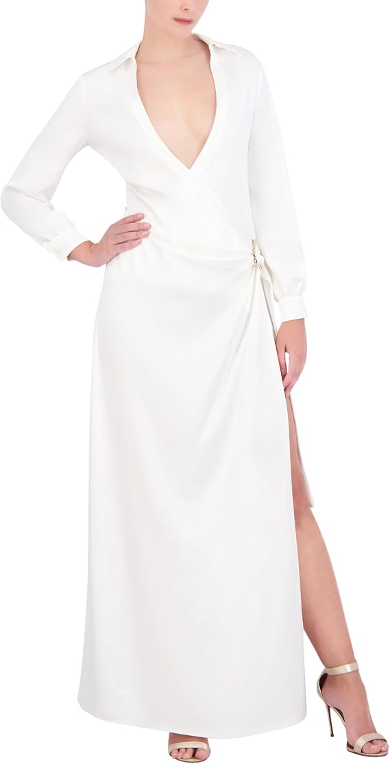 BCBGMAXAZRIA Women's Long Sleeve Surplice Neck Maxi Wrap Dress, Gardenia, X-Large