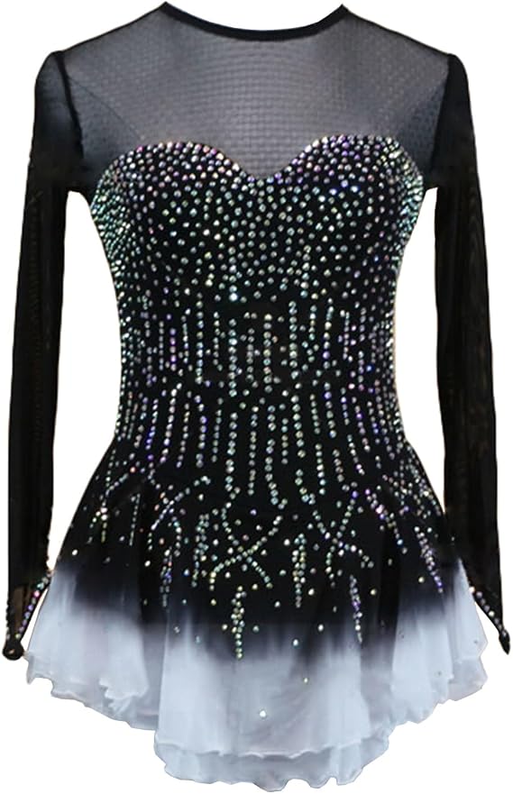 Figure Skating Dress for ladies Patchwork Women Ice Competition Breathable Dance Clothing with Shiny Rhinestone
