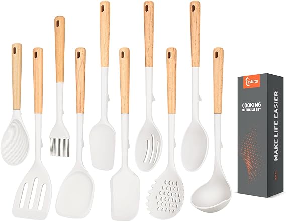 Silicone Cooking Utensils Set with Wooden Handle, BPA Free, 10 Pack (White) | No Scratch for Nonstick Cookware, Heat Resistant Kitchen Utensils Set - Spatula, Spoon, Ladle, Rice Paddle, Brush, Turner