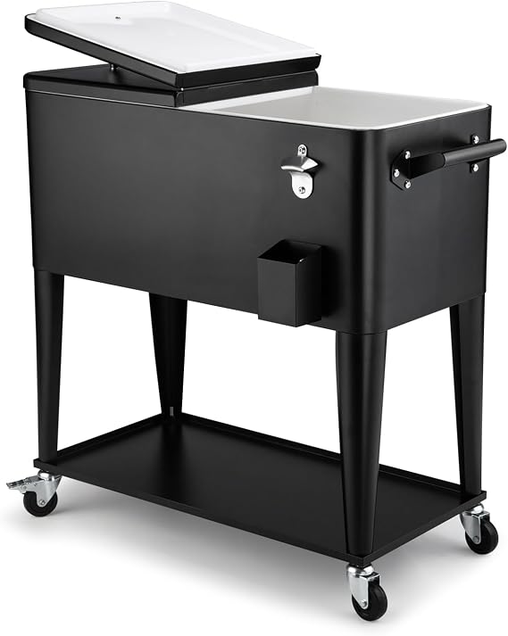 Rolling Ice Chest Cooler Cart 80 Quart, Portable Patio Cooler/Bar Drink Cooler, Beverage Bar Stand Up Cooler with Wheels, Bottle Opener, Handles for Patio Backyard Party Pool