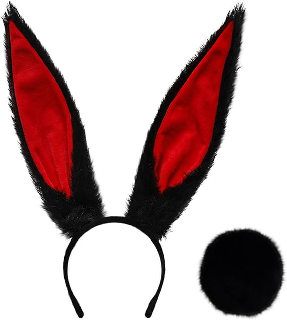 Women Bunny Ears Headband and Tail Set, Plush Flexible Headwear Cosplay Costume Accessories for Easter Halloween