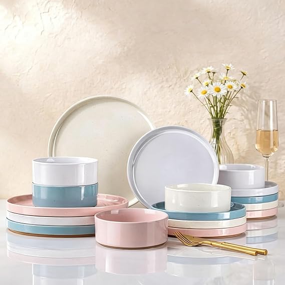 AmorArc Stoneware Dinnerware Sets for 8,24Pcs Plates and Bowls Set | Handmade Ceramic Dish Set,Dishwasher & Microwave Safe,,Scratch Resistant-Colorful