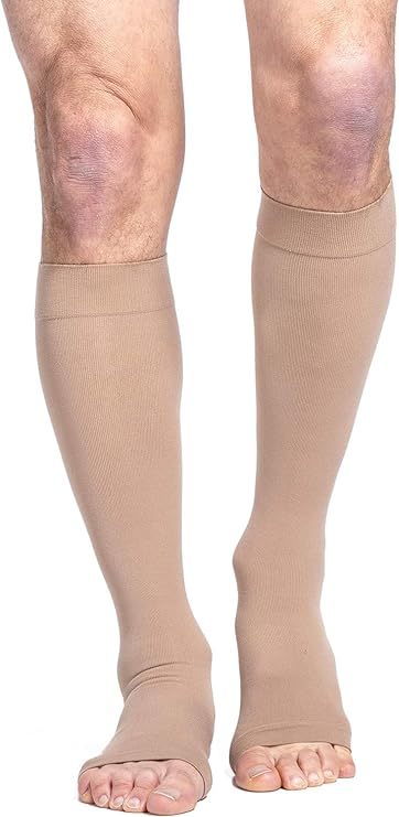 SIGVARIS Mens & Womens Essential Cotton 230 Open Toe Calf-High Socks 20-30mmHg - Light Beige - Large Short