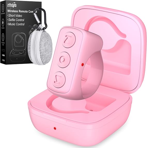 TikTok Scrolling Ring, TIK Tok Bluetooth Remote Control, Kindle APP Page Turner with Carrying Case, Camera Photo Clicker for iPhone, iPad, iOS, Android-Pink...