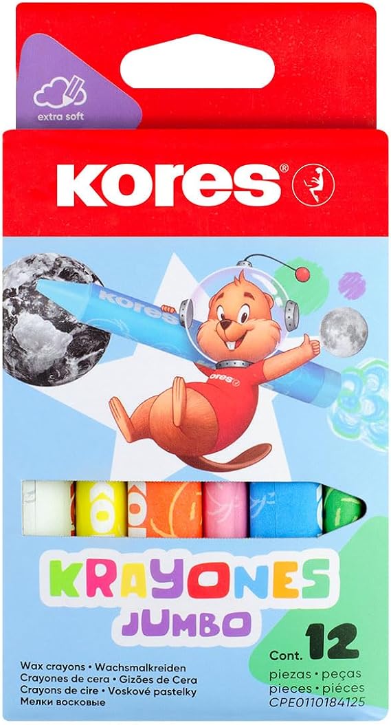 Kores Krayones Wax Crayons, Jumbo Size, Triangular, Box of 12 Assorted Colours, black/blue/brown/green/orange/red/violet/white/yellow, 33141