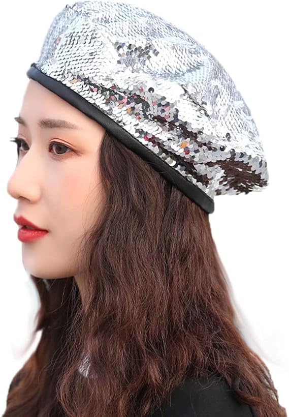 Womens Knitted Beanie Hat Winter Glitter Sequins Skull Cap with Pompom