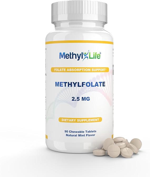 Methyl-Life L-Methylfolate 2.5 mg Chewable Active Folate Tablets with ultrapure Methylfolate (L-5-MTHF, Calcium) Gentle Daily B9 Support Vegan, Non-GMO, Gluten-Free 90 Tasty Chewables