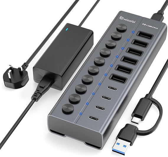 Powered USB Hub, 10-Port USB C Hub with 6 USB-A 3.2, 4 USB-C 3.2 Ports | Individual Switches and 12V/5A Power Adapter, Aluminum USB Extension for MacBook, Laptop/PC and More.