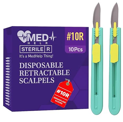 MedHelp Retractable Disposable Scalpel 10R Disposable Dermaplaning Blades 10R with Plastic Handle, Dermablade Blades. Individually Wrapped 10R Blade - Box of 10