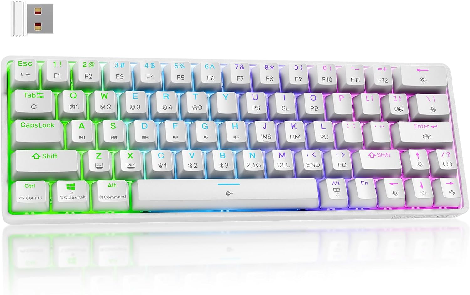 Dierya 60% Wireless Gamer Mechanical Keyboard DK63 with Bluetooth2.4GType-C,Red Switch Gaming Mechanical RGB Keyboard,Ultra-Compact 68 Keys Keyboard for PCWinMac,QWERTY,White
