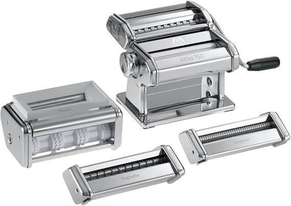 Marcato Atlas 150 Pasta Machine Set + Included Attachments, Pasta Maker, Made in Italy, Pasta Roller for Lasagna, Fettuccine, Tagliolini, Ravioli, Spaghetti, Reginette, Chromed Steel. Model: Multipast