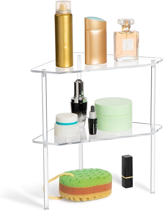 Jetec 2 Tier Corner Bathroom Organizer Clear Acrylic Stackable | Countertop Shelf, Vanity Tray, For Kitchen Toilet Makeup Storage, Shower Corner Vanity Shelf