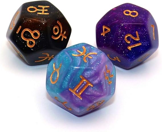 3 Pieces Astrology Dice Acrylic Pearl Astrological Dice for Constellation Divination Accessory 3 Colors D12 Glitter Astro Dice Set Tarot Assories