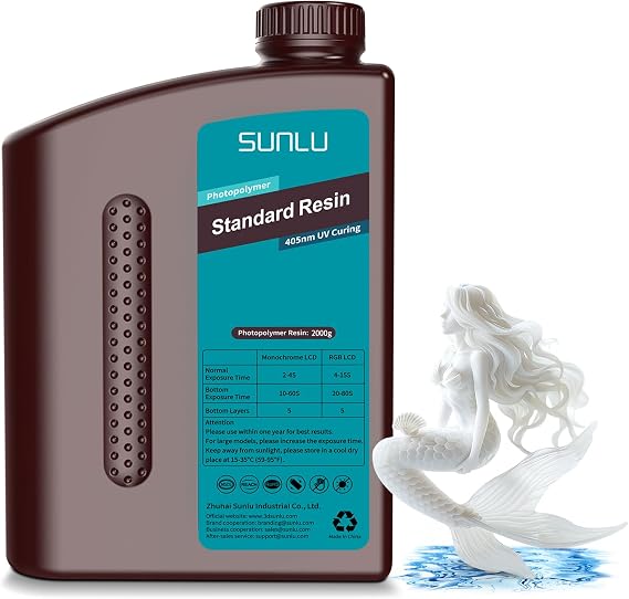 SUNLU 3D Printer Resin 2kg, Fast Curing Standard 3D Resin for LCD DLP SLA Resin 3D Printers, 395 to 405nm UV Curing 3D Printing Liquid Photopolymer Resin, Low Shrinkage, High Precision, 2000g, White