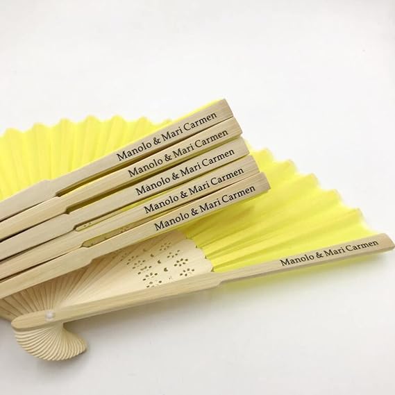 Ter Personalized Hand Fans,Personalized Wedding Favor Handheld Fans,Custom Folding Fans, Bulk Fans for Wedding,Decorative Folding Fans (Yellow,100 pcs)