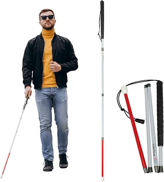 Ambutech 4-Section Folding Mobility Cane, Heavy-Gauge Aluminum with Extra-Rigid Joints and Reflective Sections, Ribbed Putter Handle and Marshmallow Hook Tip for Smooth Navigation