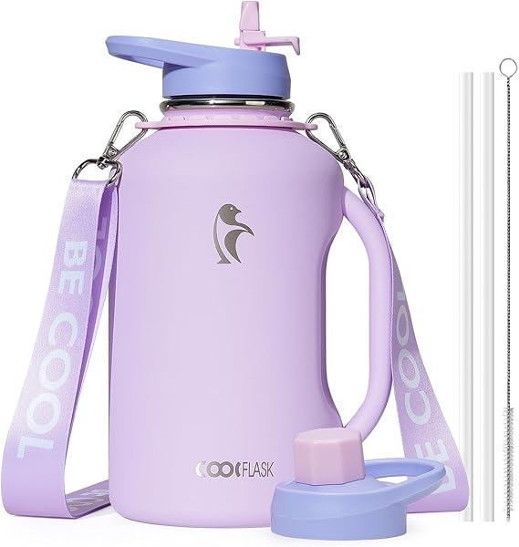 Coolflask 2L Water Bottle Insulated Stainless Stee with Handle & 2 Lids