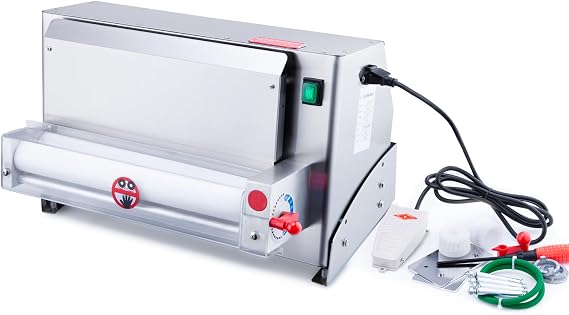 Commercial Electric Dough Roller with Foot Pedal, 12" (30cm) Pizza Dough Press Machine, 450W Motor & 0.7-5.4mm Adjustable Thickness, Stainless Steel Pastry Roller for Pizza, Fondant & Pasta