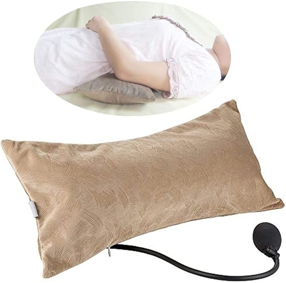 Air Inflatable Pillow Portable Lumbar Support Backrest Cushions with Pump for Home, Office, Travel and Car (Khaki)