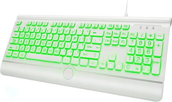 KOPJIPPOM USB Wired Keyboard with Large Print Backlit Keys, 7 Color LED Backlight, Ergonomic Wrist Rest, Spill-Resistant Design, Full-Size Computer Keyboard with Number Pad, for PC Desktop Laptop