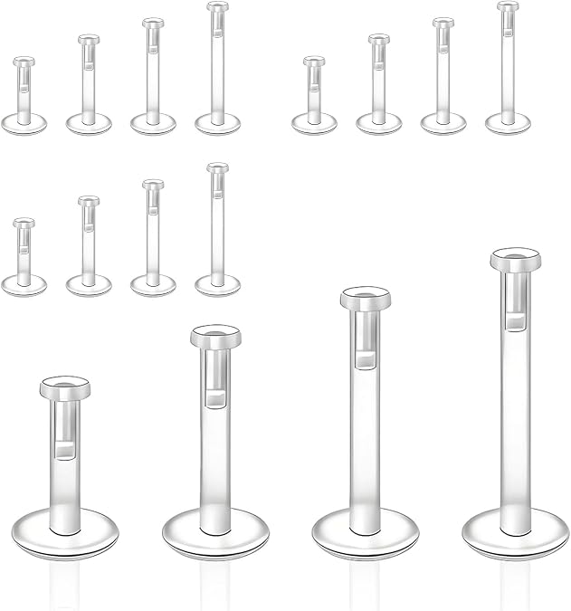 16 Pack Clear Piercing Retainers Flat Top Retainers - Clear Lip Bars/Nose Studs for School & Work | Hypoallergenic Plastic Earrings (6mm 8mm