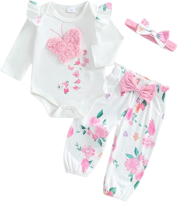 Infant Baby Girls Clothes Set Butterfly Print Long Sleeve Romper Top Elastic Waist Long Pants Bow Headband 3 Pieces Outfits
