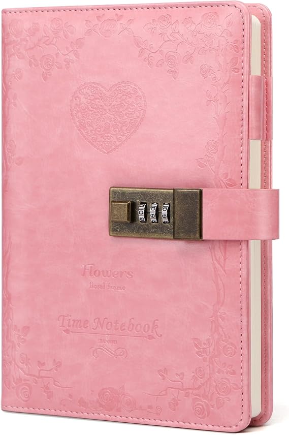 Toplive Diary with Lock, A5 Locking Vintage PU Leather Journal Notebook for Women Men Journal with Lock, Refillable Girls Password Diary with Retro Rose Pattern, Pink