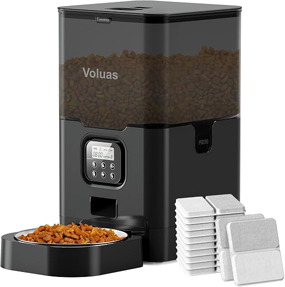 VOLUAS 6L Automatic Cat Feeder + Pet Food Desiccant Bags Bundle