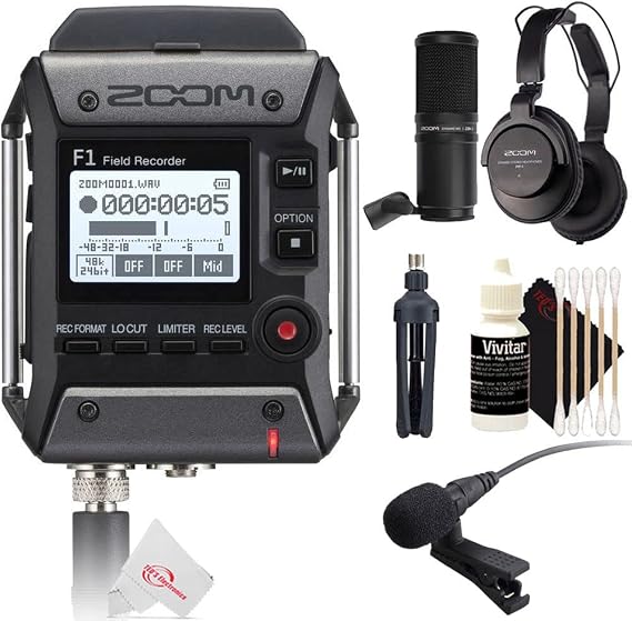 Zoom F1-LP 2-Input / 2-Track Portable Digital Handy Multitrack Field Recorder + Lavalier Microphone + Zoom ZDM-1 Podcast Mic Pack Accessory Bundle + 3pc Cleaning Kit