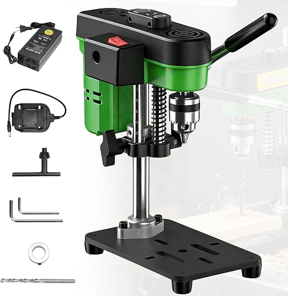Mini Bench Drill Press, 7-Speed Adjustable Portable Pillar Drill Press with UK Plug Charger&Drill Attachment, High Precison Low Noise Precision Bench Machine for DIY Woodwork, Metal, Jewelry Craft