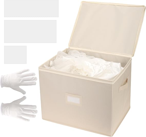 Wedding Dress Storage Box with 1 Pair of Microfiber Gloves and 20 Sheets of Acid-Free Paper, Wedding Dress Preservation Box for Heirlooms, Gowns Bride Musthaves(Beige)